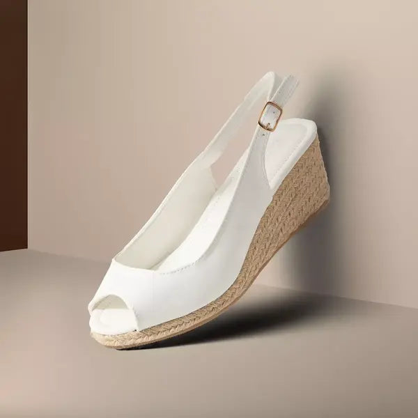 MAX FASHION Plain Slingback Sandals with Wedge Heels and Buckle Closure-White