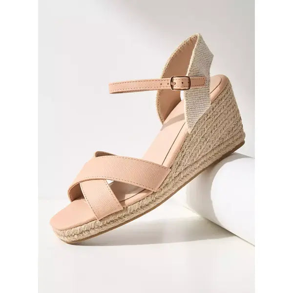 MAX FASHION Textured Cross Strap Sandals with Ankle Strap and Wedge Heels-Cream