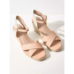 MAX FASHION Textured Cross Strap Sandals with Ankle Strap and Wedge Heels-Cream