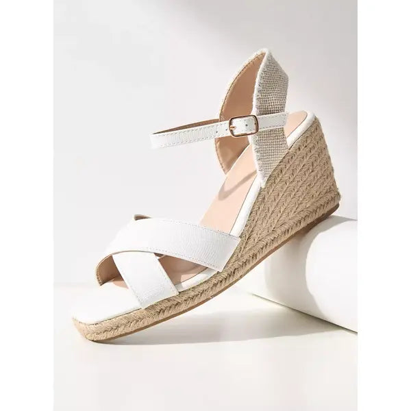 MAX FASHION Textured Cross Strap Sandals with Ankle Strap and Wedge Heels-White
