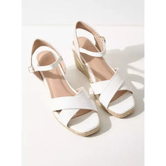 MAX FASHION Textured Cross Strap Sandals with Ankle Strap and Wedge Heels-White