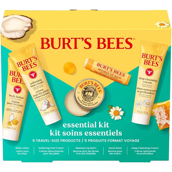 Burt's Bees Christmas Gift Set - 5 Travel Size Essentials for Skin Care | Deep Cleansing Cream, Hand Salve, Body Lotion, Foot Cream & Lip Balm | Perfect Stocking Stuffer Idea