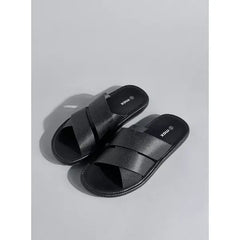 Textured | Slip-On Cross Strap Comfort Sandals - Black