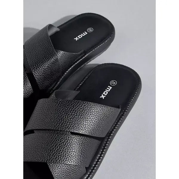 Textured | Slip-On Cross Strap Comfort Sandals - Black