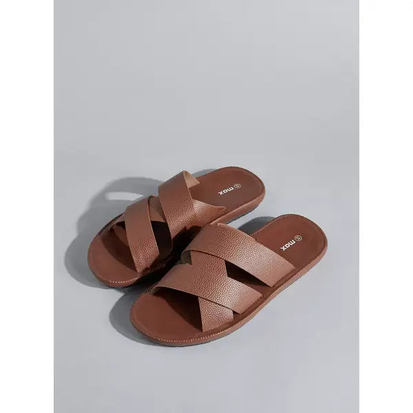 Textured | Slip-On Cross Strap Comfort Sandals - Brown