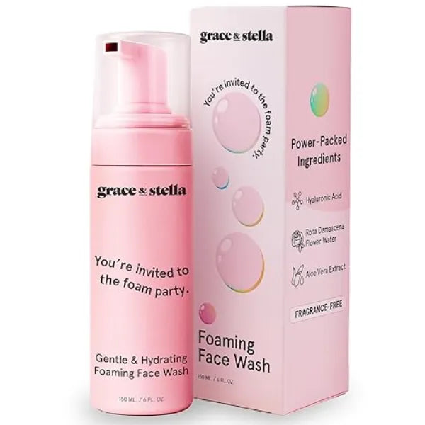 grace & stella Award Winning Hydrating Face Wash Gentle Foaming Facial Cleanser with Hyaluronic Acid, Rose Water, Aloe Vera Moisturizing Cleansing Foam for Normal to Very Dry Skin Vegan