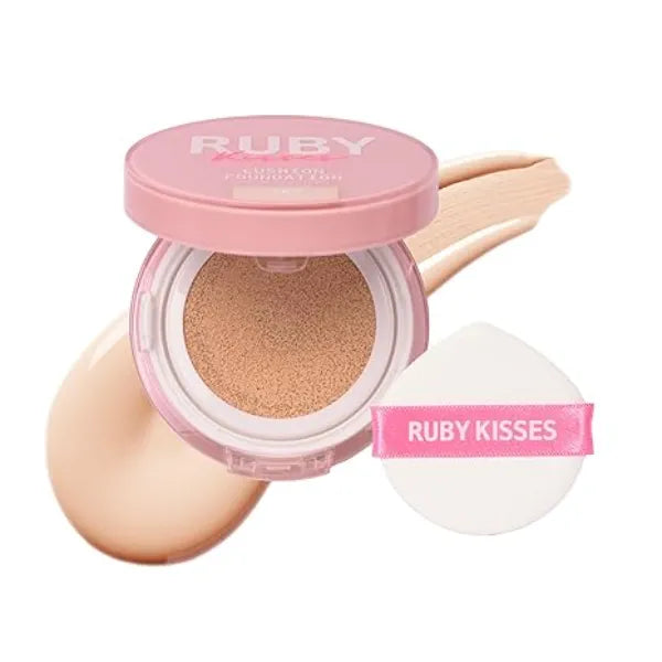 Ruby Kisses Cushion Foundation, Full Coverage Korean Makeup, Lightweight & Long Lasting, All Day Natural Glowy Finish for All Skin Types with Hyaluronic Acid & Bakuchiol