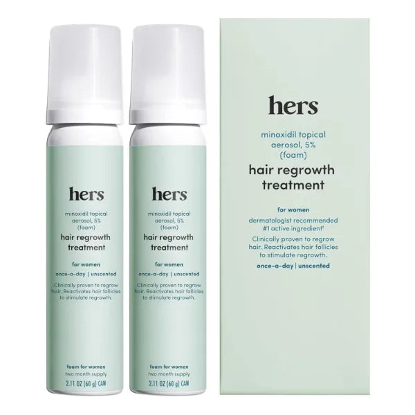 hers Hair Regrowth Treatment ,Topical Minoxidil 5% Foam for Women - Extra Strength, Supports Thicker, Fuller Hair, Non-Greasy - Unscented, 2 Pack