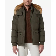 Men's Down Bomber with Faux Fur Trim and Removable Hood