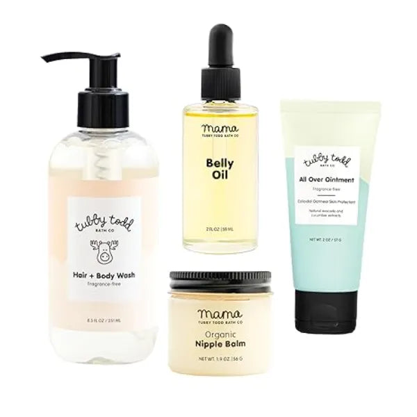 TUBBY TODD New Baby & Mom Sensitive Skincare Kit The Mama + Baby Gift Set Baby Shampoo and Body Wash 8.5 Oz, All Over Ointment 2 Oz, Belly Oil 2 Fl Oz & Nipple Balm 1.9 Oz