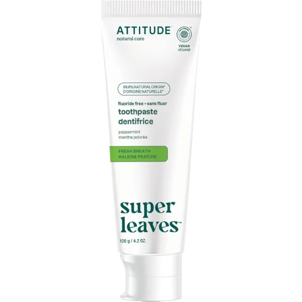 Attitude Fluoride-Free Toothpaste, Peppermint Flavor, Vegan & Cruelty-Free, Sugar-Free, Plant & Mineral-Based Ingredients, Clean Oral Care - 4.2 Oz
