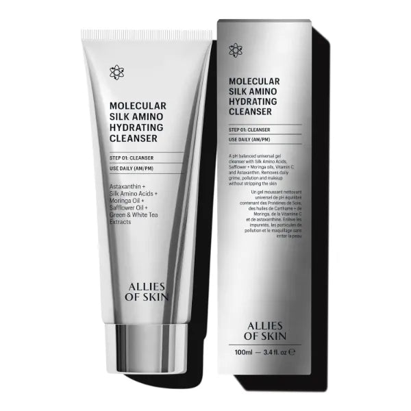 Allies of Skin Molecular Silk Amino Hydrating Cleanser, Hyaluronic Acid, Ceramides, Safflower & Moringa Oils. Nourishes, Conditions & Repairs