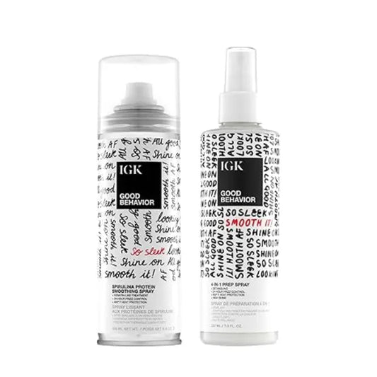 IGK GOOD BEHAVIOR Smoothing Frizz Fighters Set 4 in 1 Prep Spray + Spirulina Protein Smoothing Spray Frizz Control + Heat Protectant Vegan