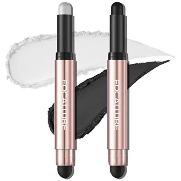 FOCALLURE 2PCS No Crease Eyeshadow Stick,Shimmer and Matte Cream Eyeshadow Pencil Crayon,Long Lasting Waterproof Eye Brightener Stick With Blending Brush
