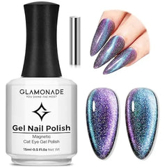 Glamonade Cat Eye Gel Nail Polish 15ml lce Glass Holographic Sparkly Shimmer Translucent Sheer Jelly Glitter Reflective Cat Eye Effect With Magnet Salon DIY Crystal Nail Art