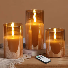 Eywamage Smoke Grey Glass Flameless Pillar Candles with Remote, Flickering LED Battery Candles Table Decor Set of 3