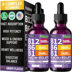 NUSAVA Vitamin B12 and B6 Liquid Drops, B12 Sublingual Vitamin B Complex B 12 Vitamin 5000mcg B12 Methylcobalamin for Energy, Brain, Heart Support with 27,200 mcg  Pack ok 2.