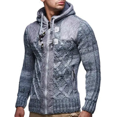 Men's Knit Zip-up Jacket With Geometric Patterns and Leather Accents