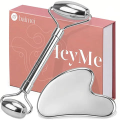 BAIMEI IcyMe Rose Quartz Roller & Gua Sha Facial Tool Set for Depuffing