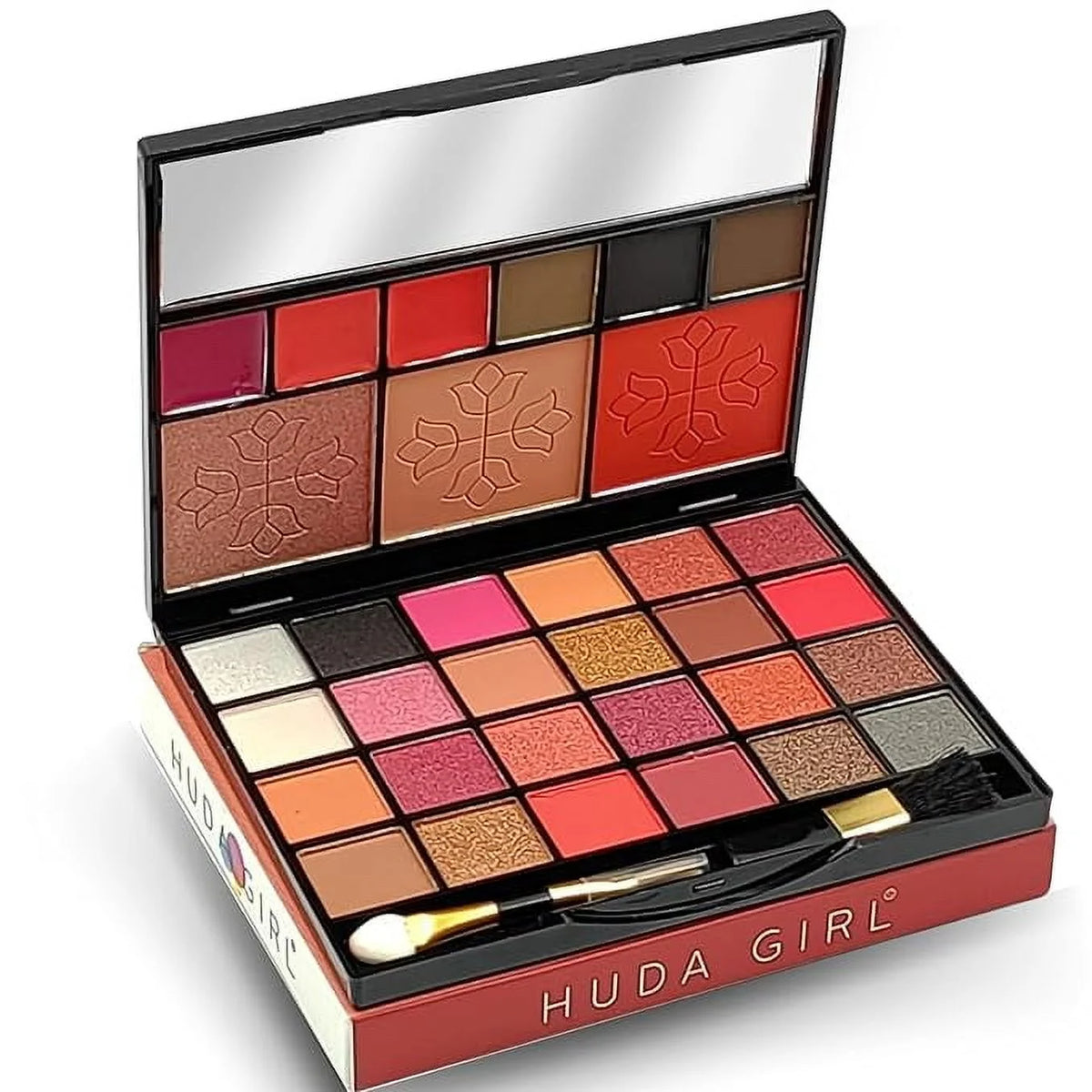 HUDA GIRL All-in-One Makeup Kit with Mirror - Includes 24 Eyeshadow Palette with Brush, 3 Eyebrow Powder, 3 Lip Gloss, 2 Applicator, Blush Contour and Highlighter Palette for Girl & Womens