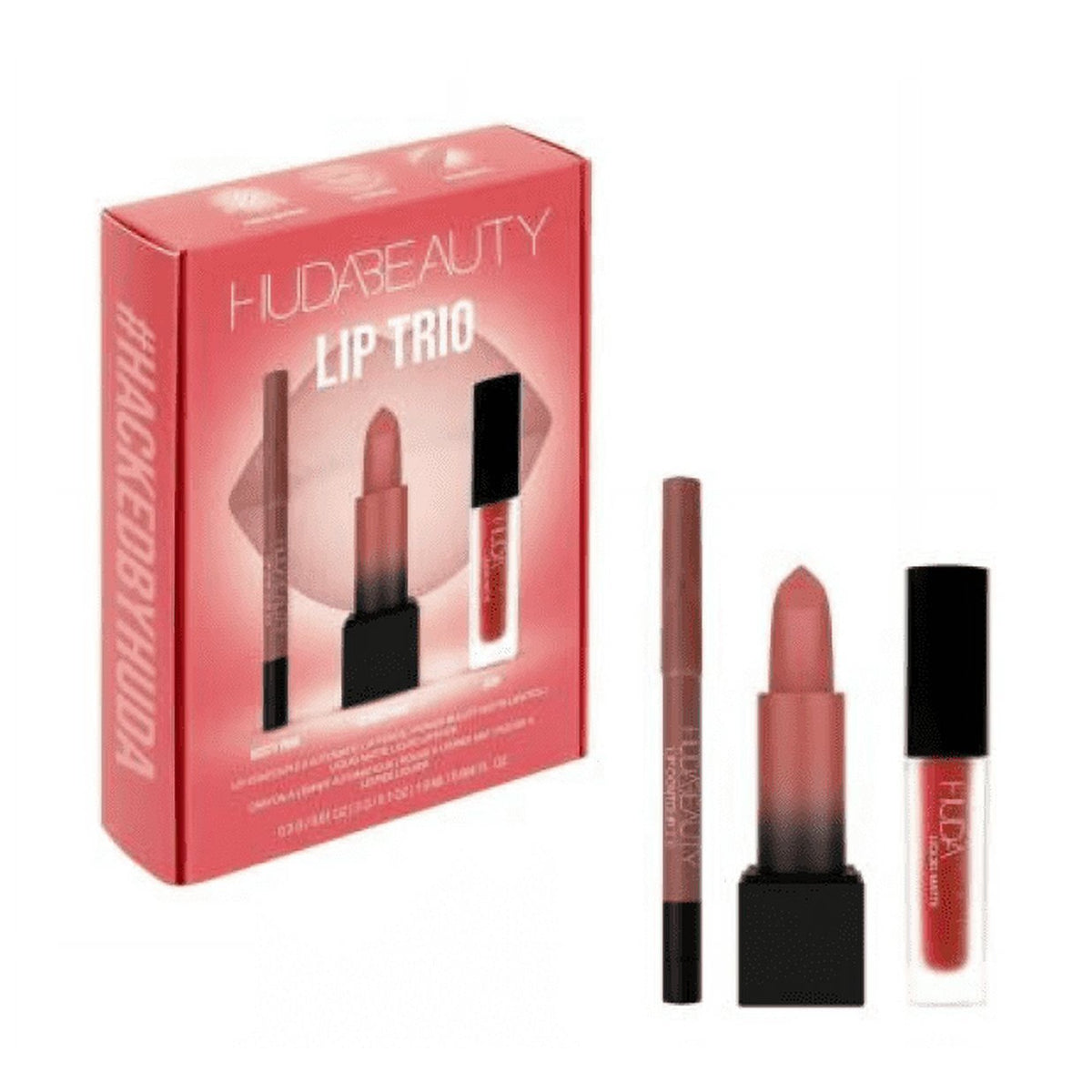 Huda Beauty Ultimate Lip Trio Rendez-vous Power Bullet Matte Lipstick Icon Liquid Matte Countour 2.0 Pencil Rusty Pink
