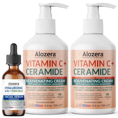 Alozera Vitamin C Body Lotion (2-Pack) and Hyaluronic Acid Serum with Ceramides and Stem Cells – Hydrating and Rejuvenating Skincare Duo for Face, Neck and Body, Lightweight, Fragrance-Free