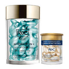 RoC Hydration+ Hyaluronic Acid Hydration & Anti-Aging – Night Serum Capsules, Plumping Face Serum & Replumping Serum Stick with Retinol Eye Cream Packette