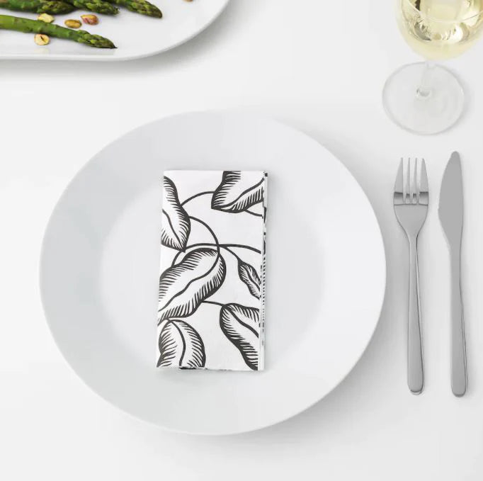 IKEA AVSIKTLIG Paper Napkin 33x33 cm 30 Pack Leaves Design Disposable and Recyclable White with Black