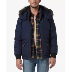 Men's Down Bomber with Faux Fur Trim and Removable Hood
