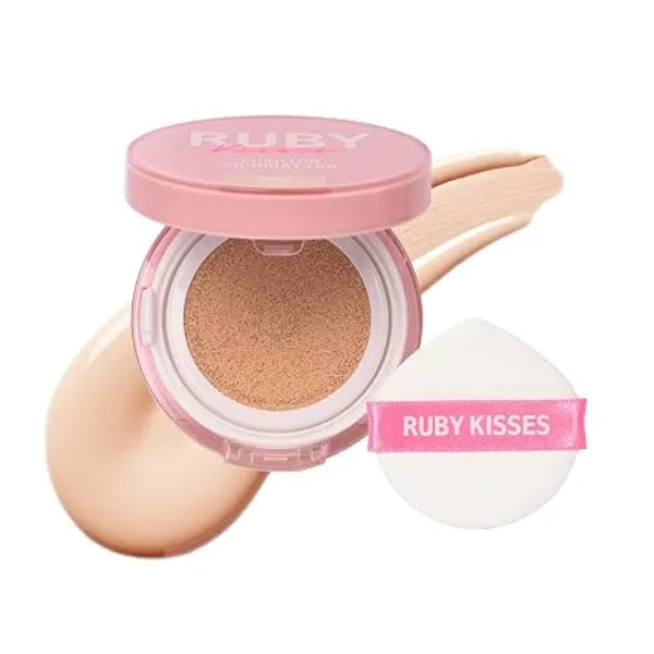 Ruby Kisses Cushion Foundation, Full Coverage Korean Makeup, Lightweight & Long Lasting, All Day Natural Glowy Finish for All Skin Types with Hyaluronic Acid & Bakuchiol