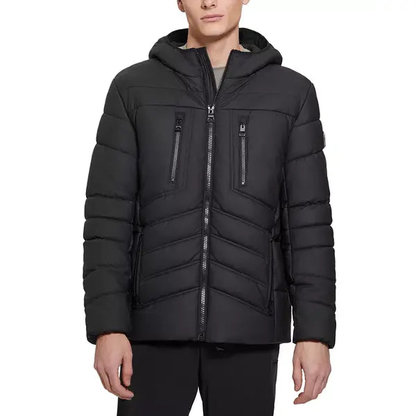 Men's Quilted Faux Leather Hooded Jacket