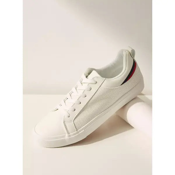 Textured Low Ankle Sneakers with Lace-Up Closure White