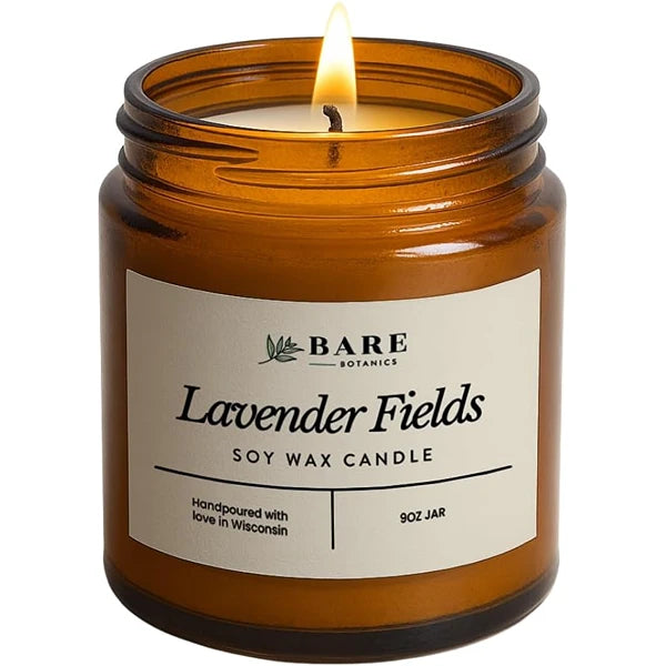 Bare Botanics 9 oz Natural Soy Candles – Lavender Fields, Peach Nectar, Warm Vanilla Oak, Yuzu Mandarin & Unscented – Non-Toxic, Plant-Based Fragrance, Hand-Poured in WI, 40-Hour Burn, Gift-Ready