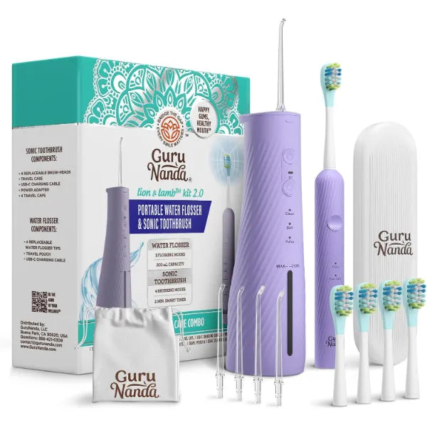 GuruNanda Lion & Lamb Kit 2.0, Electric Toothbrush with Water Flosser Combo, 4 Jet Tips, 4 Brush Heads, & IPX7 Waterproof Design for Complete Oral Care