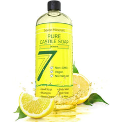 Seven Minerals Pure Castile Soap - No Palm Oil, GMO-Free - Gentle Liquid Soap For Sensitive Skin & Baby Wash - All Natural Vegan Formula with Organic Carrier Oils (33.8 fl oz)