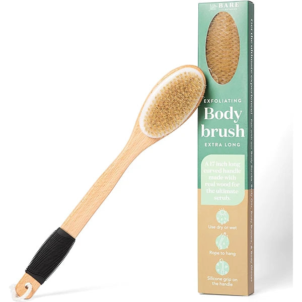 Bare Botanics Dry Brushing Body Brush Set –  Long Handle Back Scrubber & Handheld Lymphatic Drainage Brush – Natural Boar Bristles, Silicone Grip, Gentle Exfoliation for Smooth & Glowing Skin