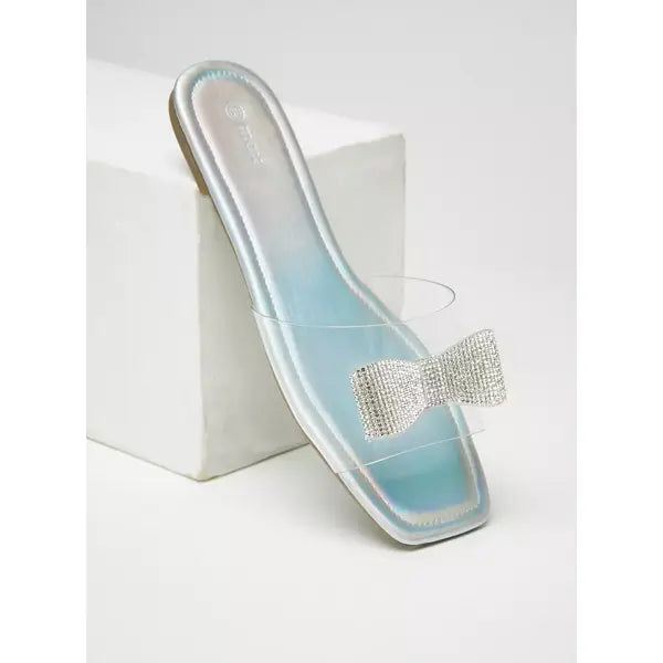 MAX FASHION Embellished Bow Accented Slip-On Sandals-Sliver