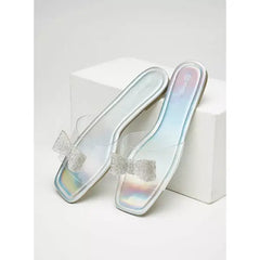 MAX FASHION Embellished Bow Accented Slip-On Sandals-Sliver