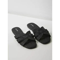 MAX FASHION Glitter Textured Cross Strap Slip-On Sandals-Black
