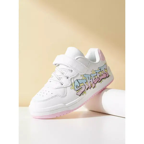 Graffiti Print Sneakers with Hook and Loop Closure White
