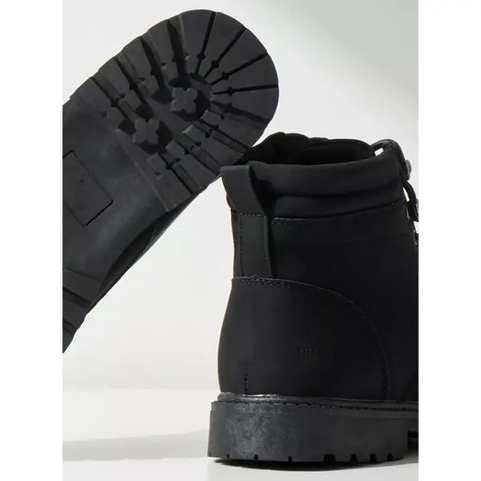 Textured | Ankle Boots with Lace-Up Closure - Black