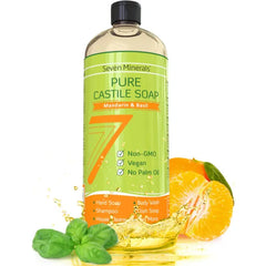 Seven Minerals Pure Castile Soap - No Palm Oil, GMO-Free - Gentle Liquid Soap For Sensitive Skin & Baby Wash - All Natural Vegan Formula with Organic Carrier Oils (33.8 fl oz)