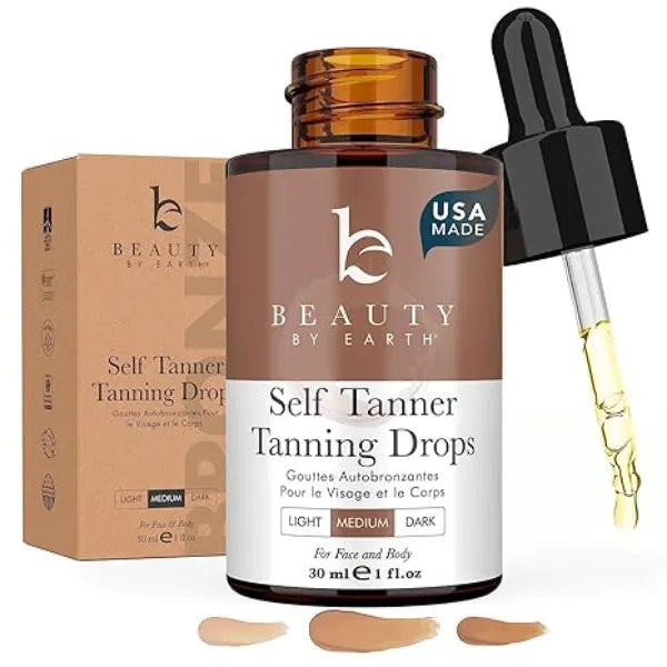 Beauty by Earth  Self Tanning Drops USA Made with Natural & Organic Ingredients Medium Face Tanning Drops to Add to Lotion, Moisturizing Bronzing Tanner for Face & Body, Toxin Free Tanner for Fake Tan