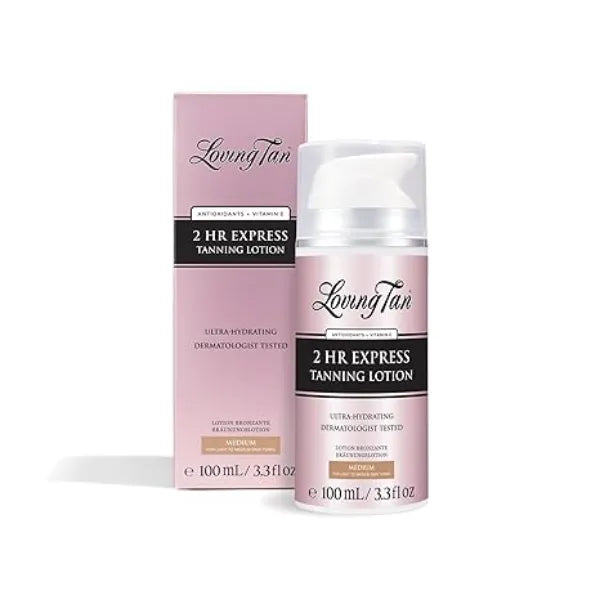 Loving Tan NEW 2 Hr Express Self Tanning Body Lotion, Medium Hydrating Natural-Looking Glow Sunless Self Tanner, Streak Free, Dermatologist Tested, Lightweight