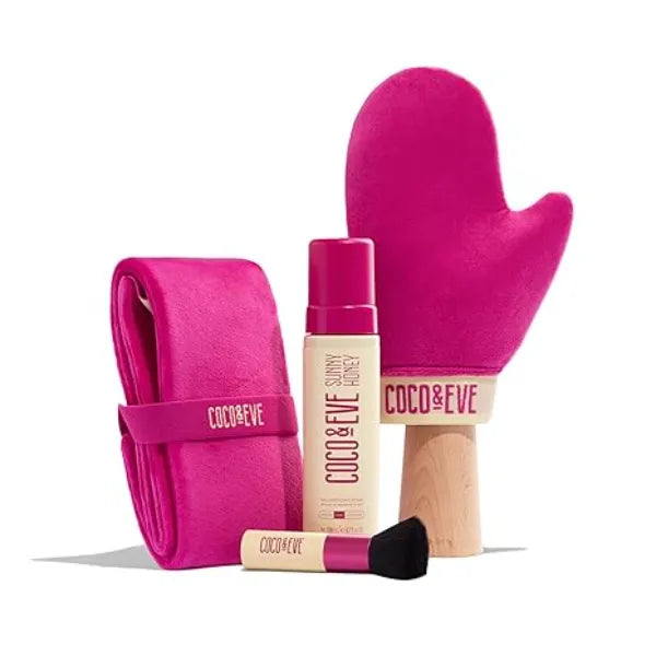 Coco & Eve Bali Bae Self Tan Set. All Natural Sunless Tanning Mousse. Instant Self Tanning Lotion with Bronzer, Mitt Applicator, Kabuki Brush and Back Applicator for Flawless Application