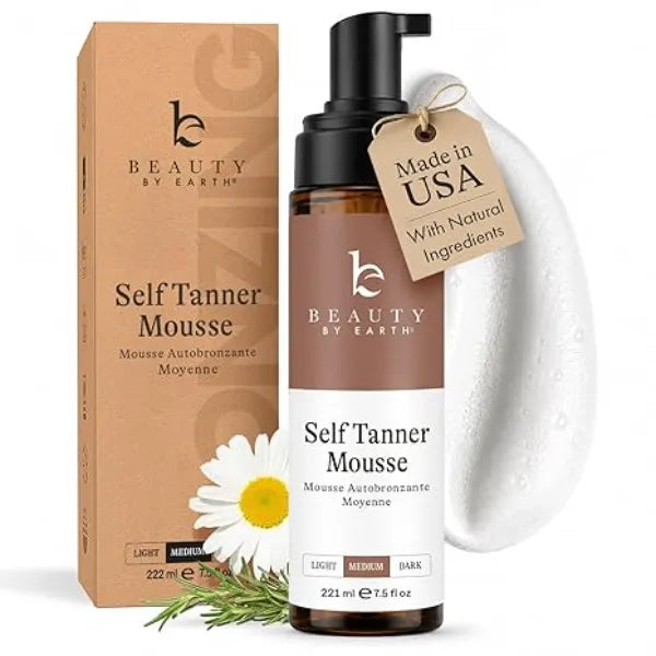 Beauty by Earth Self Tanner Mousse USA Made with Natural & Organic Ingredients Self Tanning Mousse for Dark Fake Tan, Sunless Tanner, Clear & Non Toxic Tanning Foam for Streak Free Finish & Natural Glow