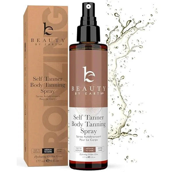 Beauty by Earth Self Tanner Spray USA Made with Natural & Organic Ingredients Fast Drying Spray Tan for Pale Skin, Non Toxic Gradual Tanning Spray, Sunless Tanning Water for Women & Men, Medium to Dark