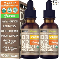 NUSAVA Organic Vitamin D3 K2 Drops with MCT Oil Omega 3, 5000 IU, Maximum Strength Vitamin D Liquid, No Fillers, Non GMO Liquid D3 for Faster Absorption, Immune Support