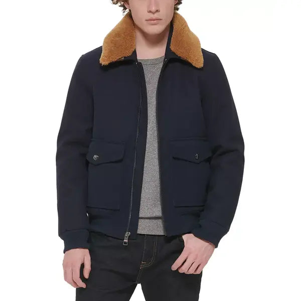 Men's Faux-Fur-Collar Bomber Jacket