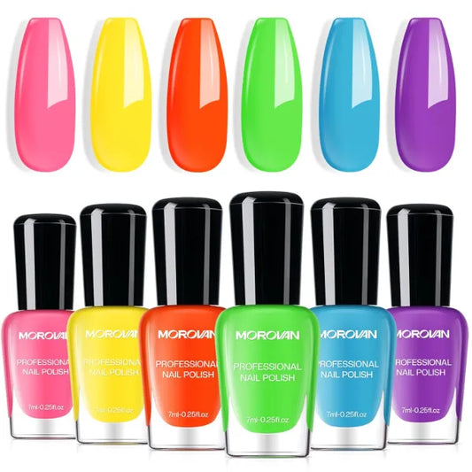 Morovan Fingernail Polish Set – 6 Color Quick Air Dry Pack – Neon, Blue, Lilac, & Glitter Themes – Regular Polish for DIY Art